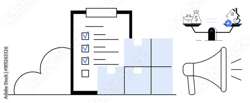 Business concept. Business tasks illustrated with checklist, shipping boxes, and scales. Business growth and logistics optimized with marketing tools. For supply chain, e-commerce, marketing