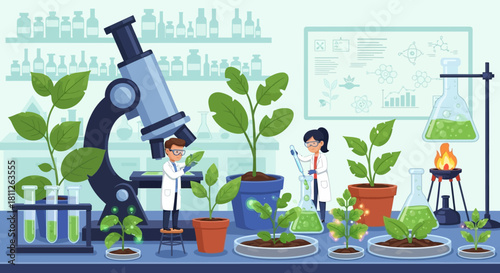 Tiny scientists nurture growing plants in a well-equipped laboratory, observing their development under a microscope