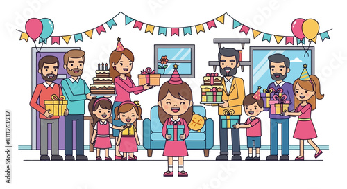 Happy family and friends gather for a festive birthday party, celebrating a young girl with gifts, cake, and decorations
