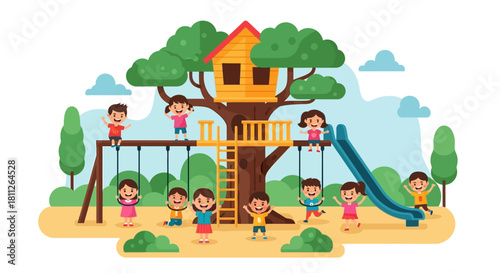 Children having fun playing on a treehouse playground with swings and slide