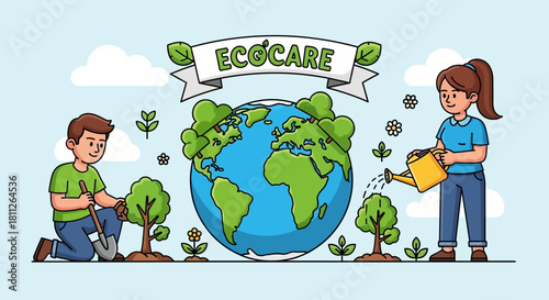 Two diligent children tending to the Earth, planting trees and watering new sprouts, representing a commitment to environmental conservation
