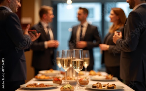 Blurred shot of business people at party in office center, standing and talking, backs turned, with food and champagne glasses on the table, creating a professional and elegant atmosphere