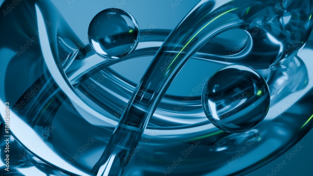 Obraz premium Fluid liquid blue glass shapes and spheres abstract background. 3d illustration