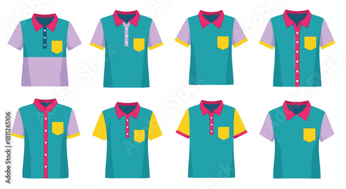 Colorful polo shirts in varied designs displayed in a grid arrangement