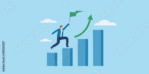 Man running up graph with flag representing business success and growth