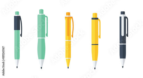 Five colorful writing pens arranged in a linear isolated display