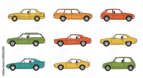 Collection of vintage cars in various colors and body styles illustrated