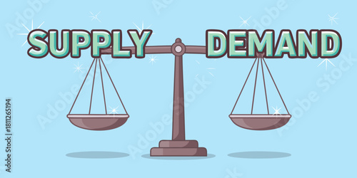 Supply and demand balance scale illustration on a light blue background