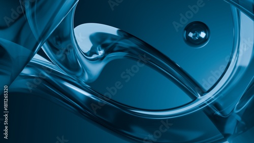 Fluid liquid blue glass shapes and spheres abstract background. 3d illustration