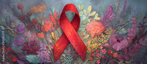 World AIDS Day awareness banner with red ribbon and floral design.