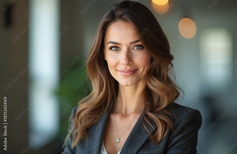 Fototapeta premium Pro woman in smart suit smiles confidently. She has styled brown hair, bright eyes, and wears a pendant necklace. Modern office setting with blurred background.