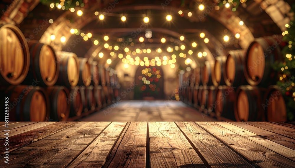 Fototapeta premium Cozy barrel cellar, wood floor, warm lights