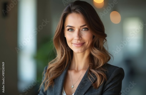 Pro woman in smart suit smiles confidently. She has styled brown hair, bright eyes, and wears a pendant necklace. Modern office setting with blurred background. Free Download Pro woman in smart suit smiles confidently. She has styled brown hair, bright eyes, and wears a pendant necklace. Modern office setting with blurred background. - GFXLoad