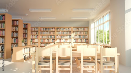 Seamless loop anime school library background with bright sunlight, wooden desks, and green trees view