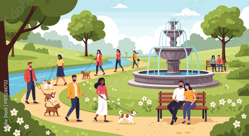 Park Scenes People Walking Dogs, Relaxing by the Fountain, and Enjoying the Greenery