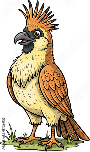 A charming cartoon illustration of a brown crested bird with a spiky mohawk standing on grass.