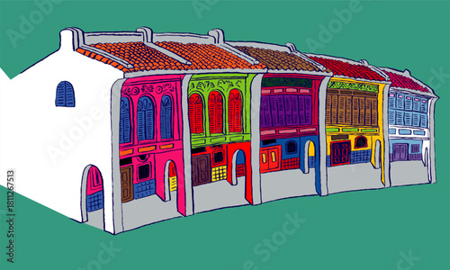 Colorful historical colonial style shop houses street.
