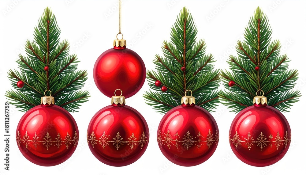 Naklejka premium Red ornaments, green fir sprigs, festive Christmas decor