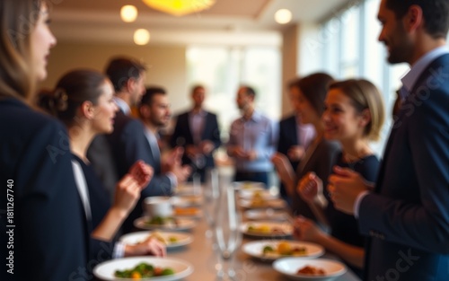 Abstract blurred people socializing during buffet lunch break at business meeting or conference, corporate networking event with diverse attendees mingling, engaging conversations, and professional at