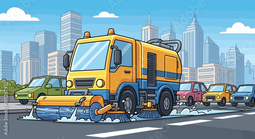 Street sweeper cleaning a road with cars driving by a city background during the day
