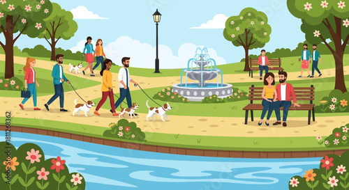 Vibrant park scene depicting people enjoying leisure activities, walking dogs, and relaxing by a fountain