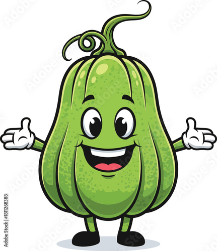 A cheerful green chayote squash cartoon mascot with a big smile and welcoming open arms.