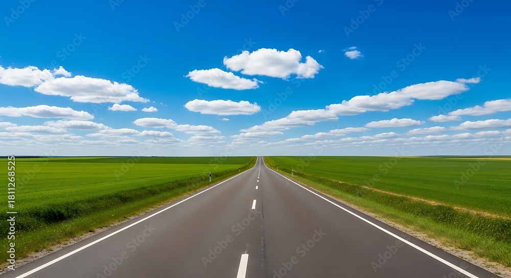 Fototapeta premium A long straight road through green fields under a blue sky with clouds