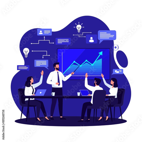 Business leader presenting upward trend chart to engaged team members