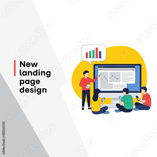 New landing page design review with team analyzing website layout