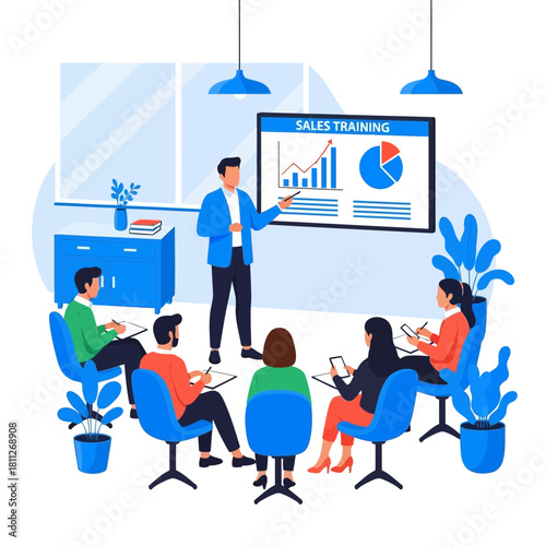 Sales training session with instructor and diverse team members