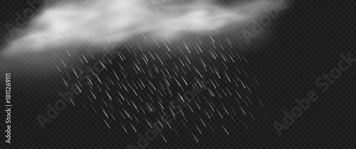 Realistic rain on a transparent background. Rain with fog. Raindrops. Rainy weather effect. Vector illustration.
