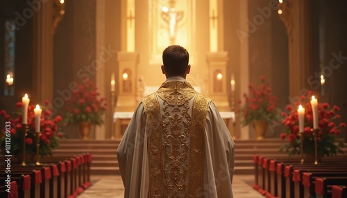 Man in white and gold robe stands before church altar. Candles and red flowers adorn pews. Blurred background shows cross and lights. Religious ceremony or prayer service.