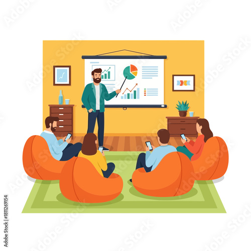 Man leading casual presentation to group on bean bag chair