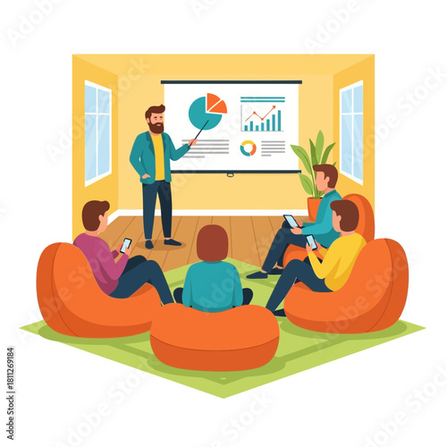 Casual team presentation with charts on bean bag seating
