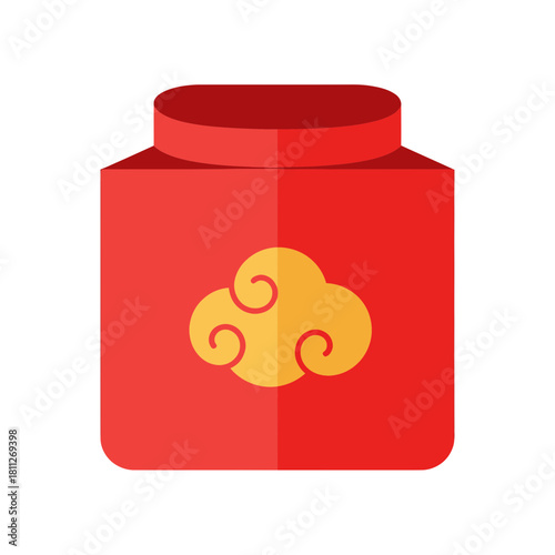 Chinese New Year Red Gift Box or Tea Caddy Icon with Auspicious Golden Cloud Motif