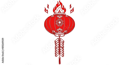 Dramatic Chinese Red Lantern and Firecrackers Illustration with Decorative Flame and Pattern