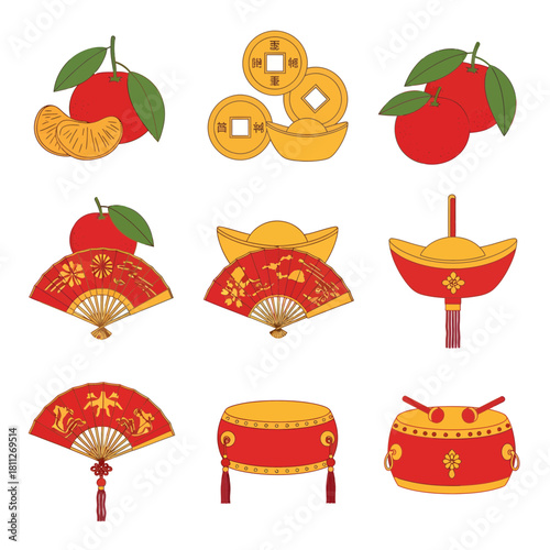 Colorful Chinese New Year Cultural Icons Set Mandarin Oranges, Ingots, Fans, and Drums