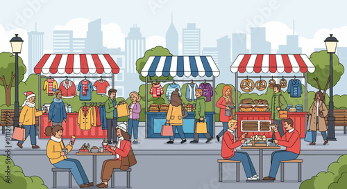 People shopping and eating at a vibrant outdoor street fair in the city during a festive autumn or winter season