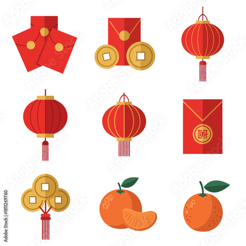 Chinese New Year Flat Icons Set Red Envelopes, Lanterns, Mandarin Oranges, and Gold Coins