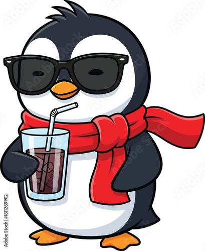 A cool cartoon penguin wearing black sunglasses and a bright red scarf holding a glass of soda with a straw.
