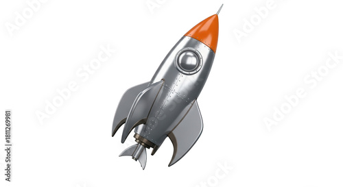 Retro silver rocket ship with orange tip isolated on transparent background