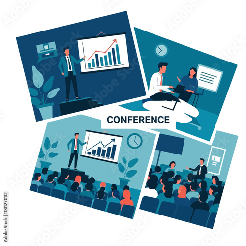 Collection of business conference and presentation scenes vector