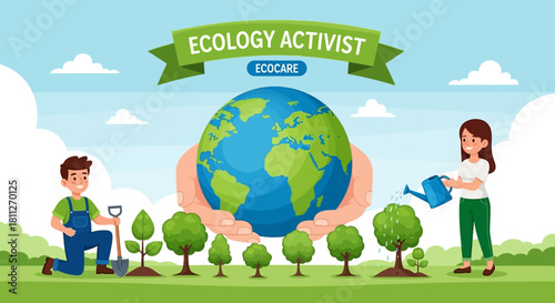 Dedicated environmentalists planting and nurturing trees while holding the Earth, symbolizing global care and a sustainable future