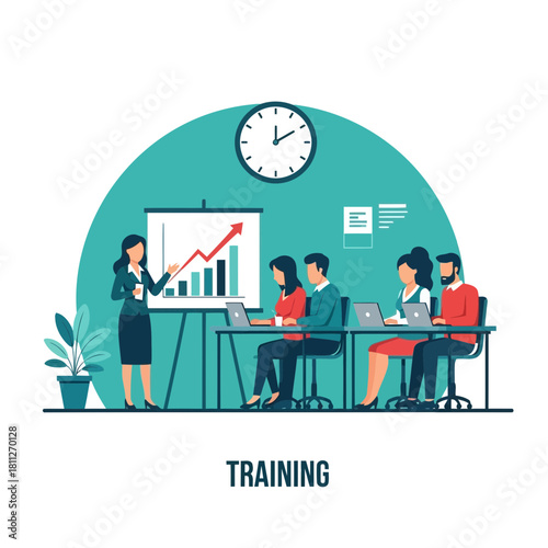 Business training session with female presenter and team working on laptop