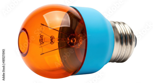 Orange light bulb with blue base isolated on transparent background