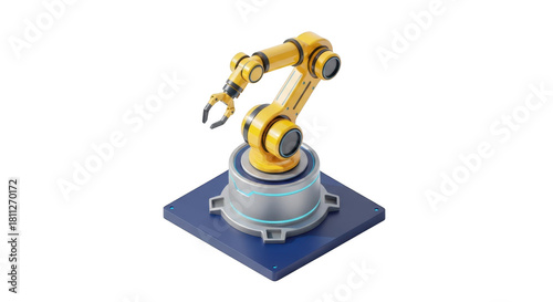 Yellow industrial robotic arm isolated on transparent background