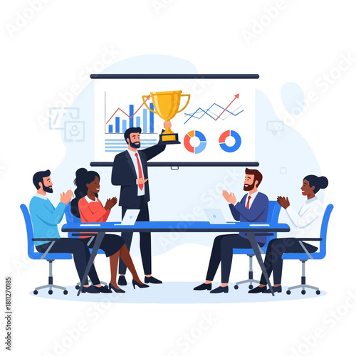 Business team applauding leader holding a golden trophy