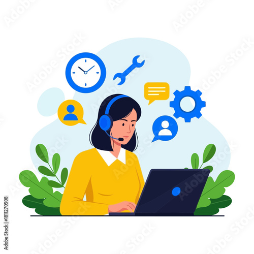 Customer support agent with headset working on laptop isolated on