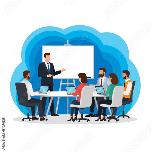 Business team meeting with presenter in front of a blank board