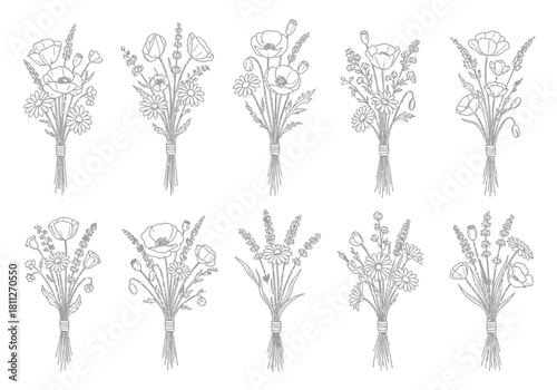 Black Line Art Wildflower Bouquet Set - Minimalist Botanical Sketch Vector